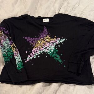 Lauren Moshi Black Long Sleeve Star Tee with Purple Pink Gold Green Stars